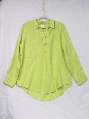 Sigrid Olsen Lime Green Linen Long Sleeve Buttonup Shirt Womens Size Large